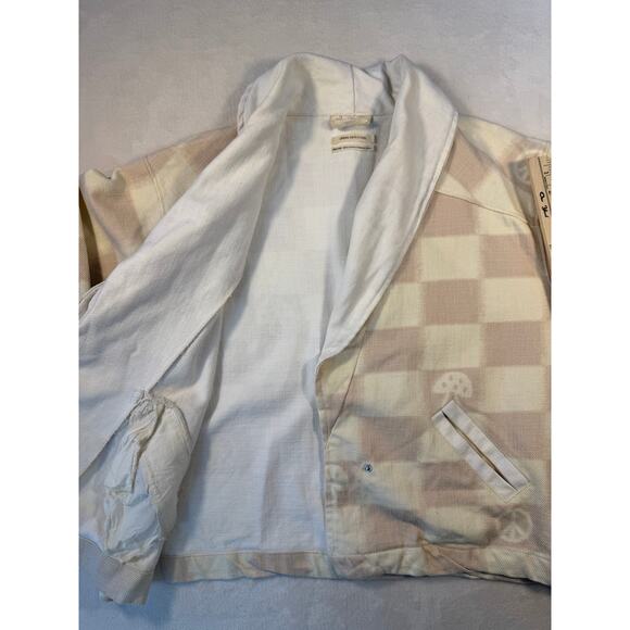 Urban Outfitters Kimono Jacket Cream Checked Wrap Coat Mushroom Peace XS S M - Picture 5 of 10